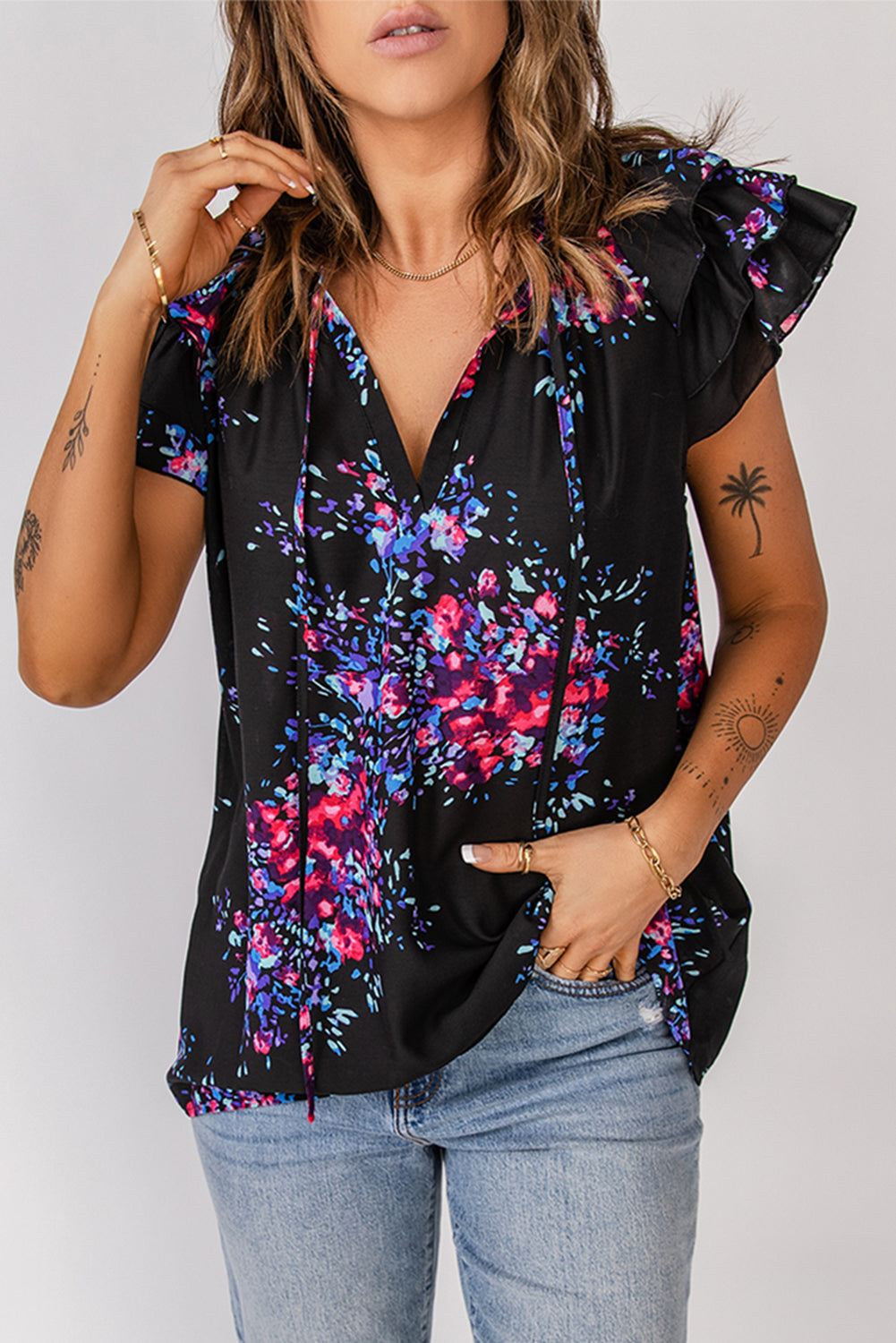 Black Butterfly Sleeves Split V Neck Tie-dye Print Blouse