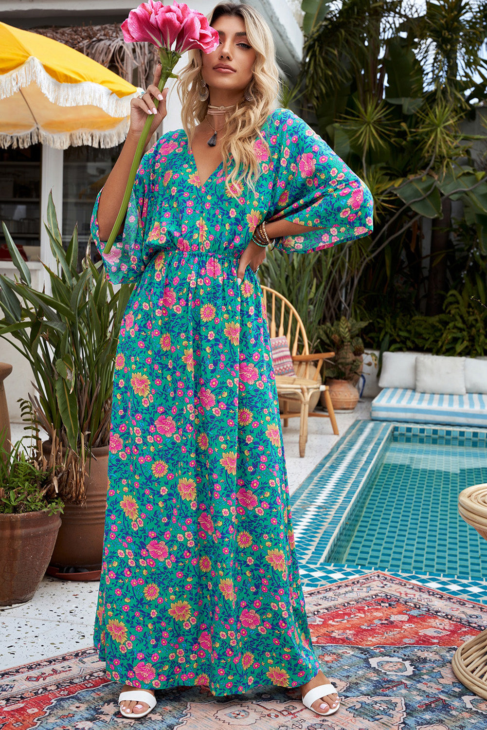 Green Boho Amicgp V Neck Floral Maxi Dress