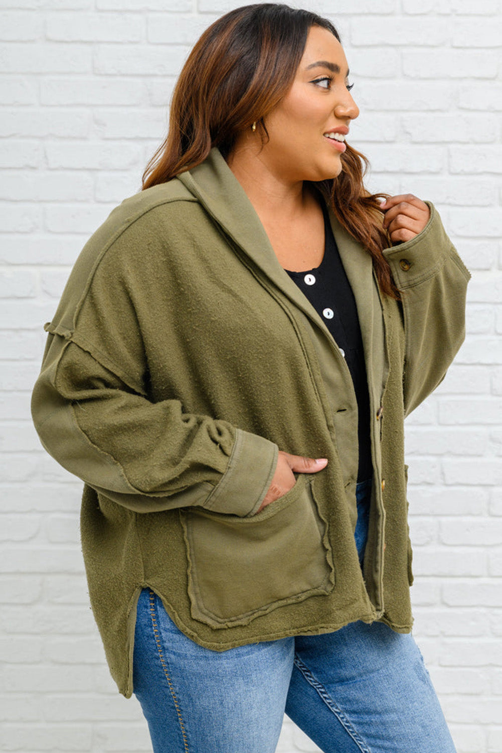 Green Plus Size Exposed Seam Terry Patchwork Hooded Jacket