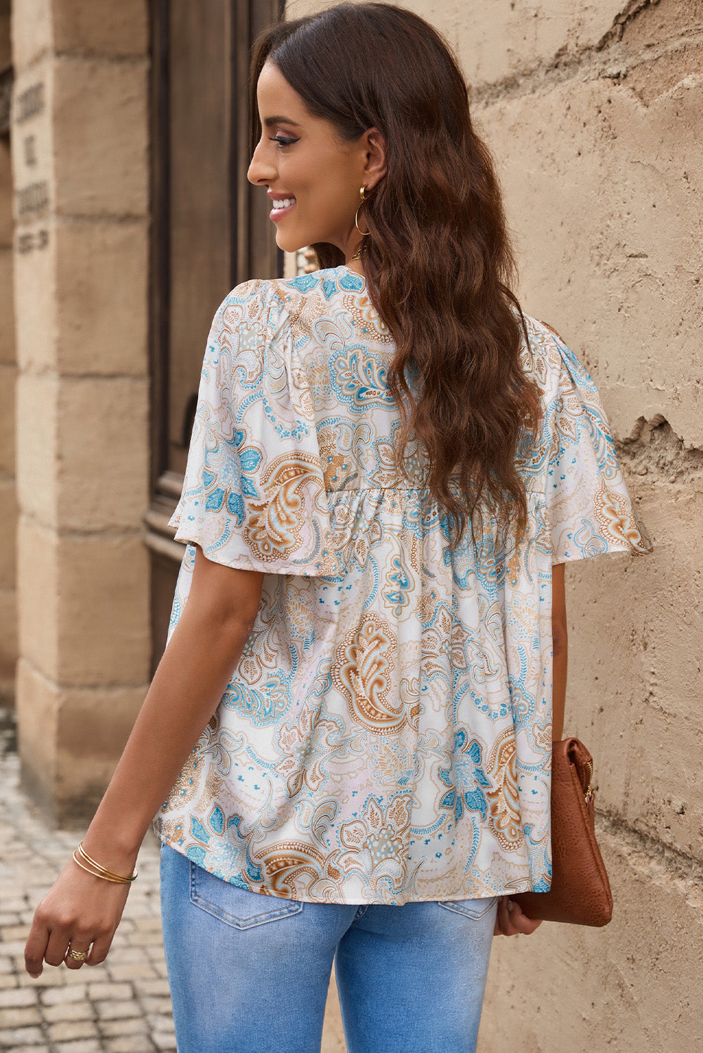 Multicolor Paisley Print Wide Sleeves Loose Blouse