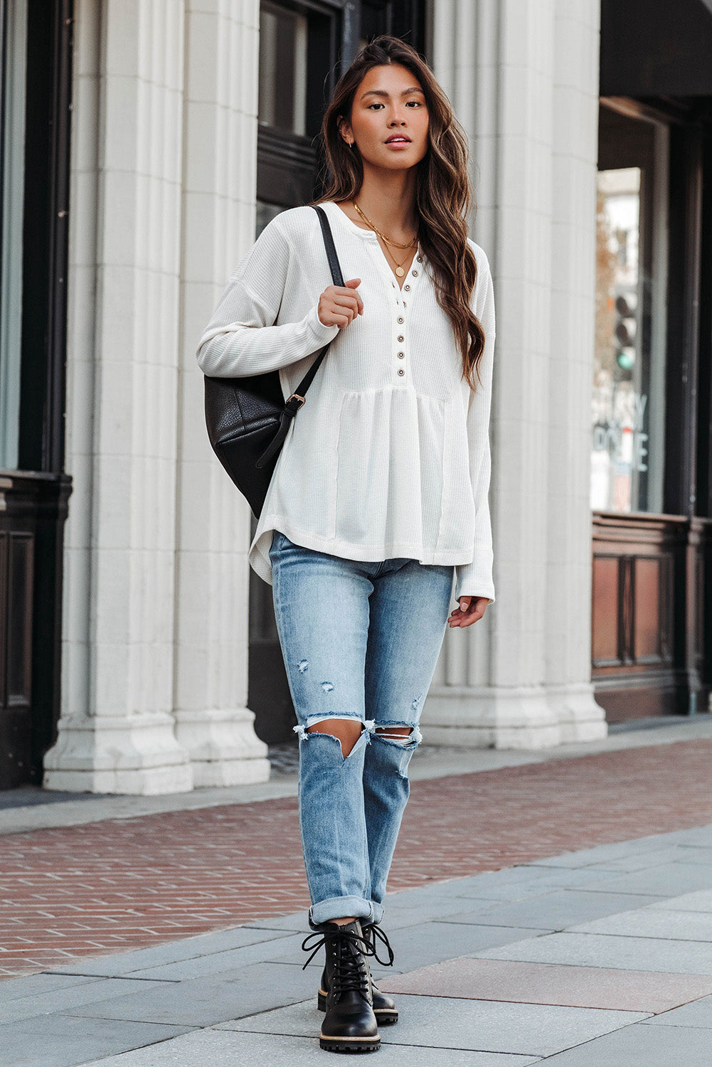 Brown Waffle Knit Half Button Henley Top