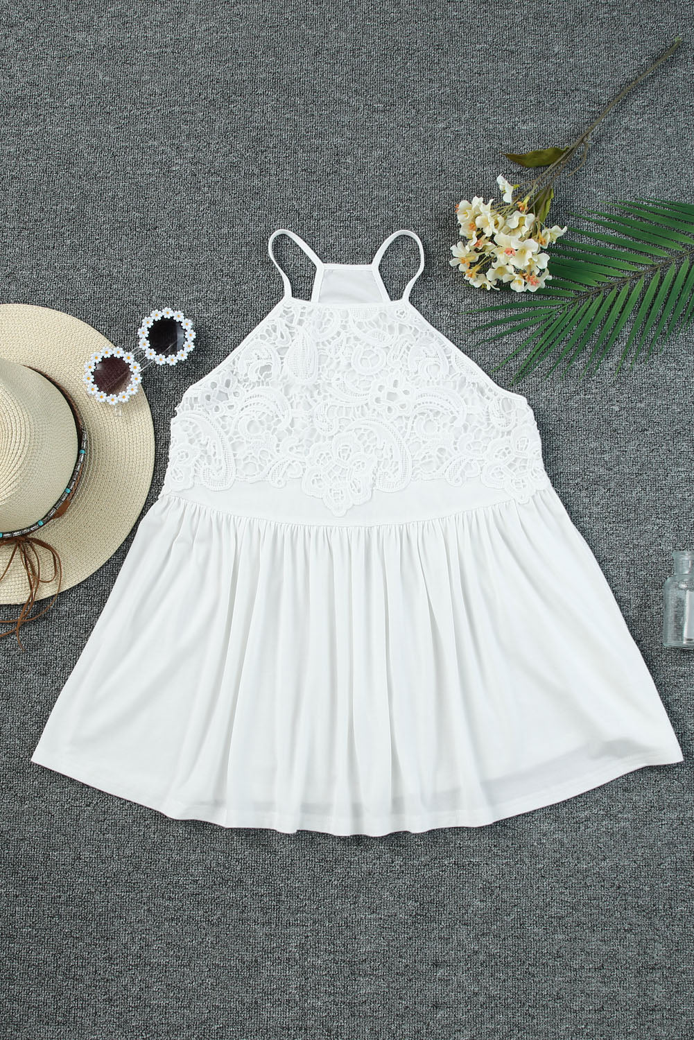 White Lace Splicing Flowy Tank Top