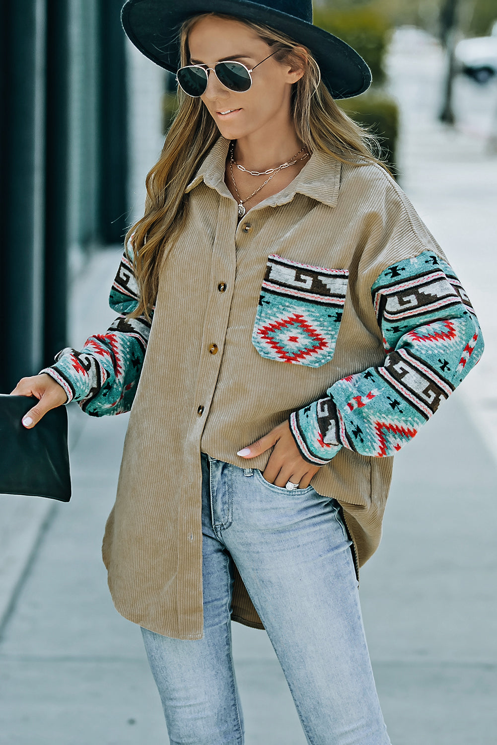 Gray  Aztec Pattern Sleeve Pocketed Corduroy Shacket