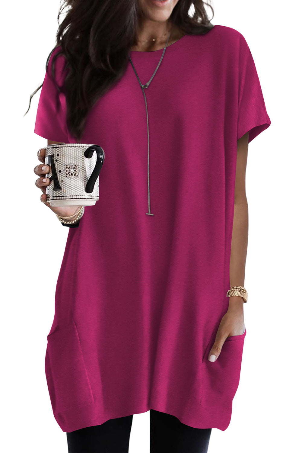 Black Side Pockets Short Sleeve Tunic Top