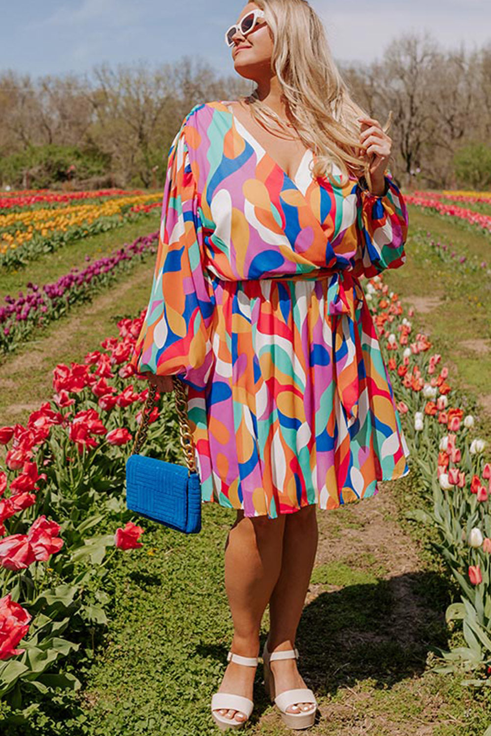 Multicolor Plus Size Abstract Print Oversized Sleeve Belted Dress