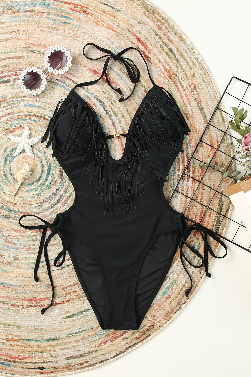 Black Halter Tassel Backless One-piece Swimwear