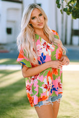 Pink Floral Print Loose Fit V Neck Tunic Blouse