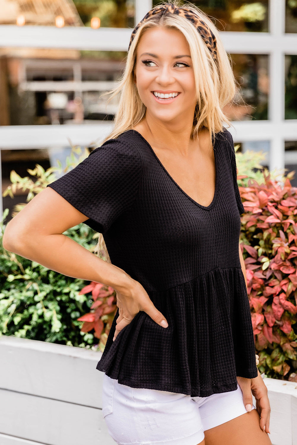 Black Short Sleeve Waffle Knit Peplum Top