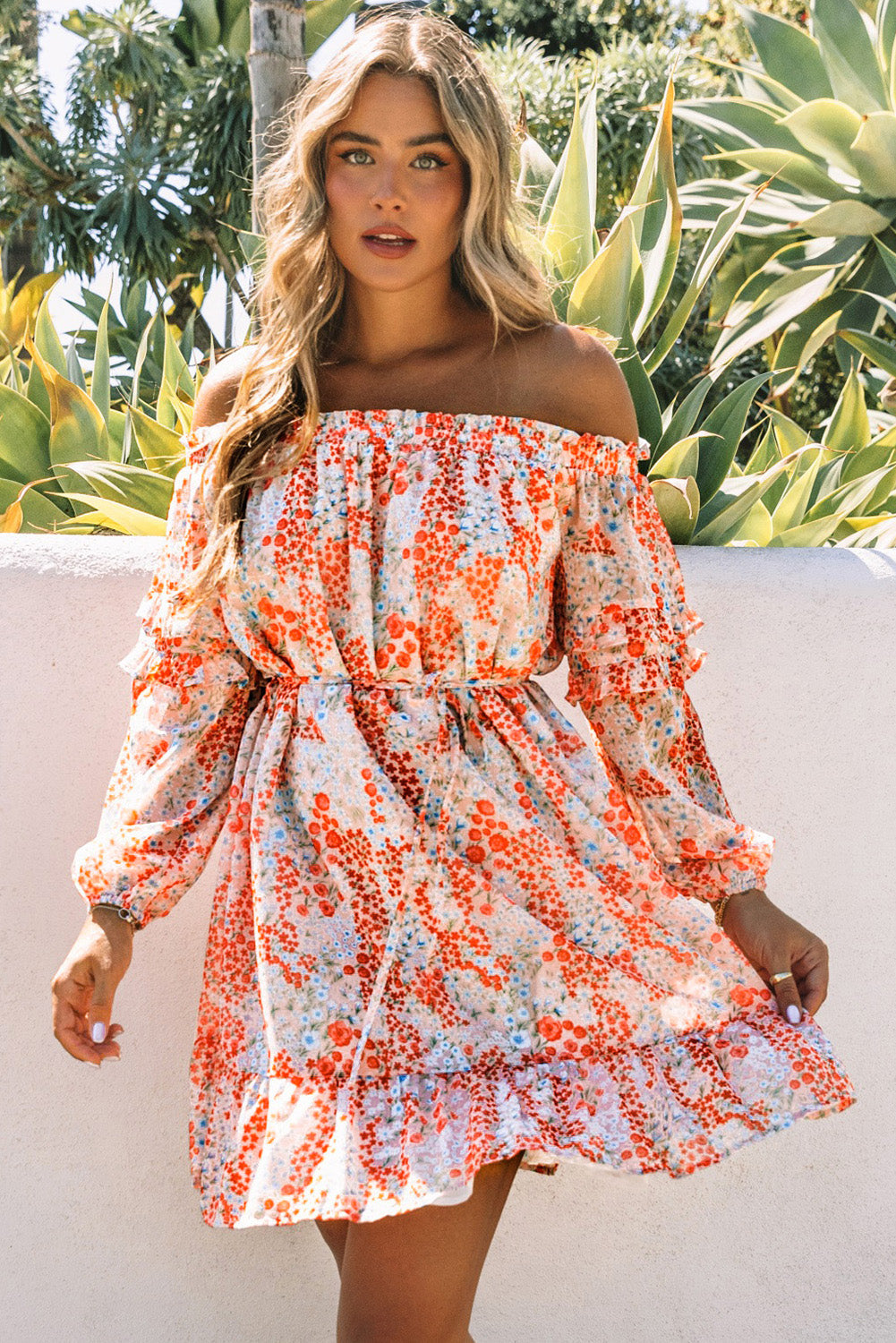 Red Floral Off The Shoulder Print Ruffled Dress with Tie