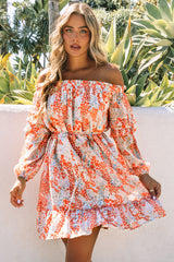 Red Floral Off The Shoulder Print Ruffled Dress with Tie