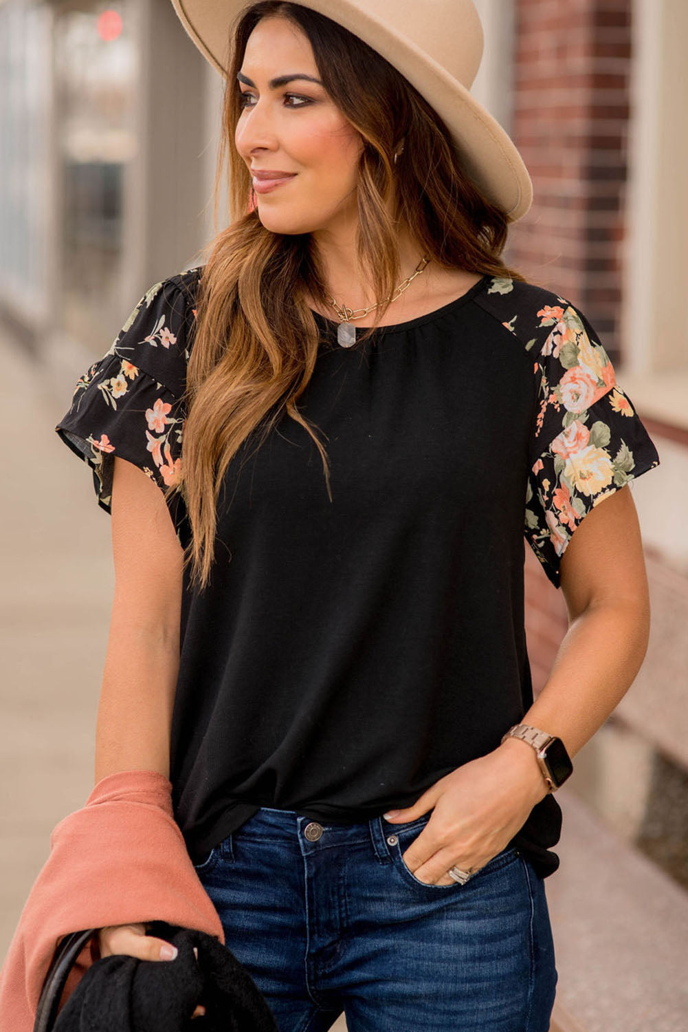 Black Tiered Floral Raglan Sleeve T Shirt