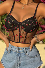 Black Floral Embroidery Mesh Bustier Bralette