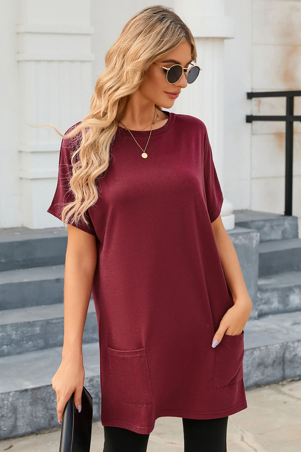 Black Side Pockets Short Sleeve Tunic Top