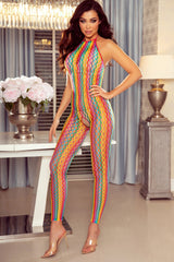 Multicolor Striped Hollow Out Backless Halter Bodystocking