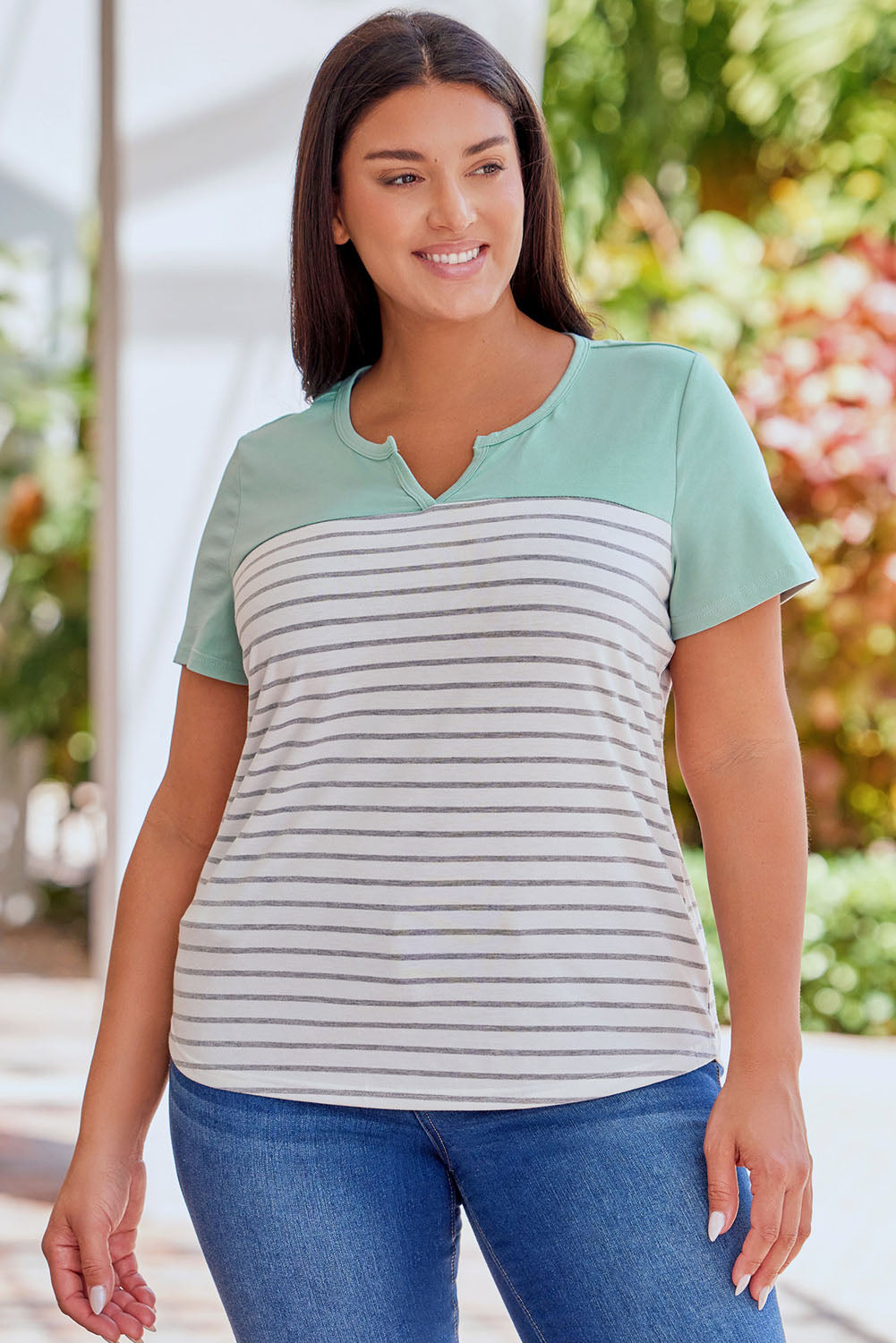 Green Contrast Striped Plus Size Short Sleeve Tee