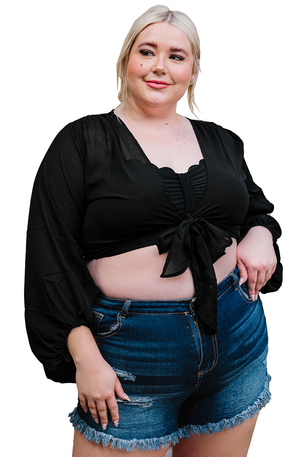 Black Plus Size Balloon Sleeve Wrap Top