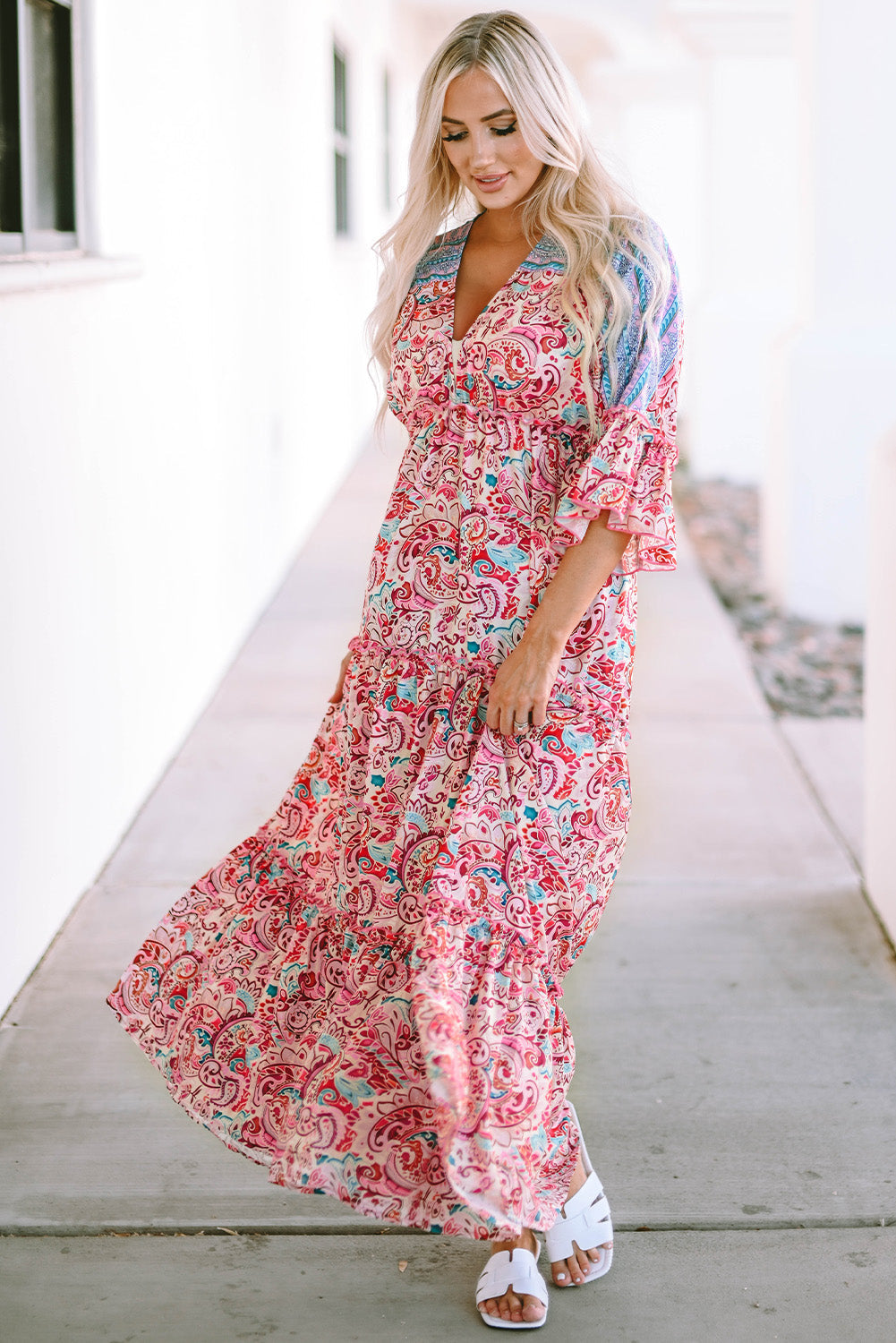 Red Boho Floral Paisley Print Tassel Tie V Neck Maxi Dress