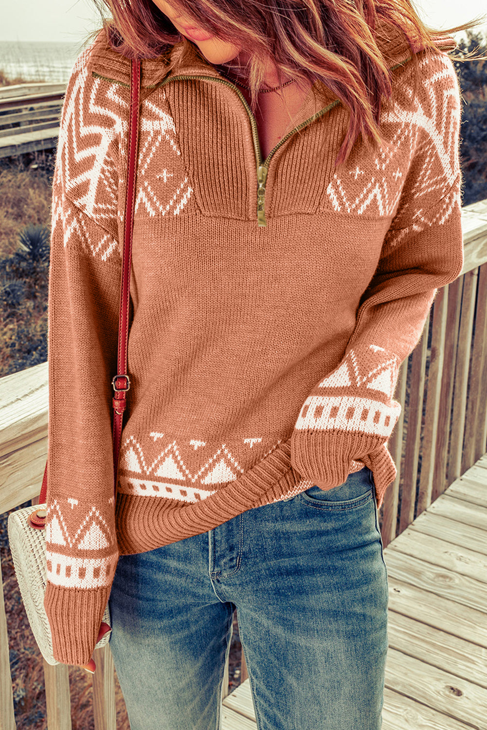 Blue Geometry Knit Quarter Zip Sweater