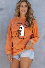 Orange Spooky Season Ghost Print Ribbed Pullover Sweatshirt