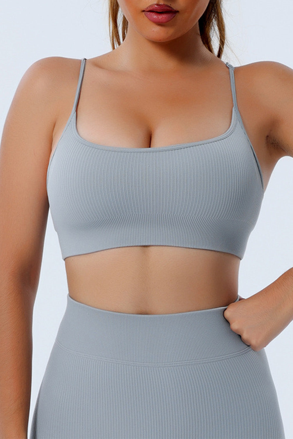 Gray Spaghetti Straps Ribbed Fitness Yoga Bra