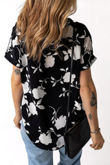 Black Floral Printed Short Sleeve Blouse