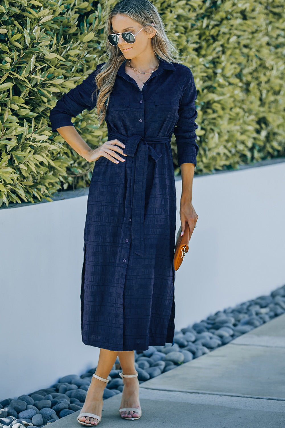 Blue Crinkle Textured Long Sleeve Shirt Dress with Belt