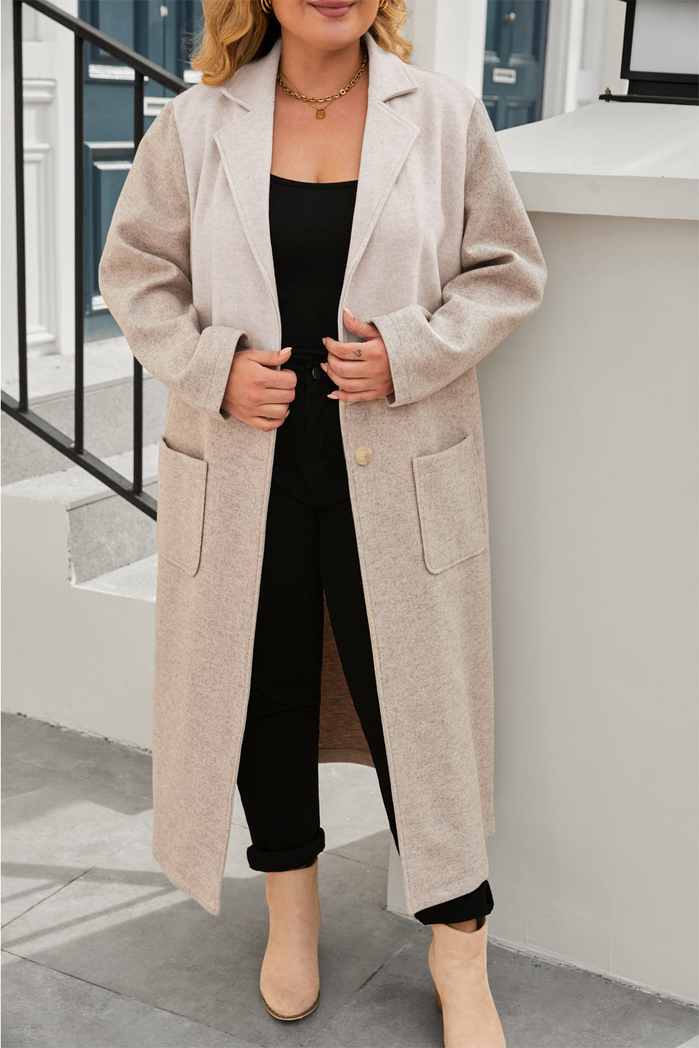 Khaki Plus Size Colorblock Lapel Collar Long Coat