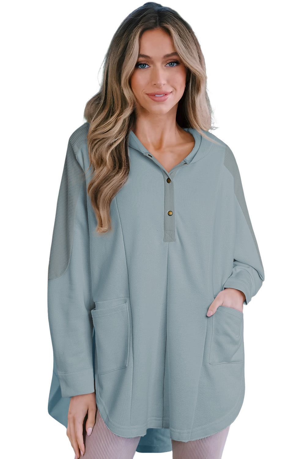 Sky Blue Patchwork Side Pockets Oversized Henley Hoodie
