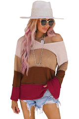 Stripe Color Block Waffle Knit Bell Sleeve Jumper