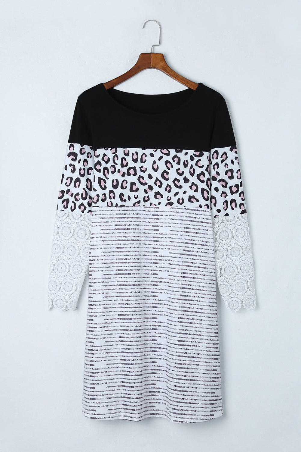 Black Striped Leopard Patchwork Lace T Shirt Dress