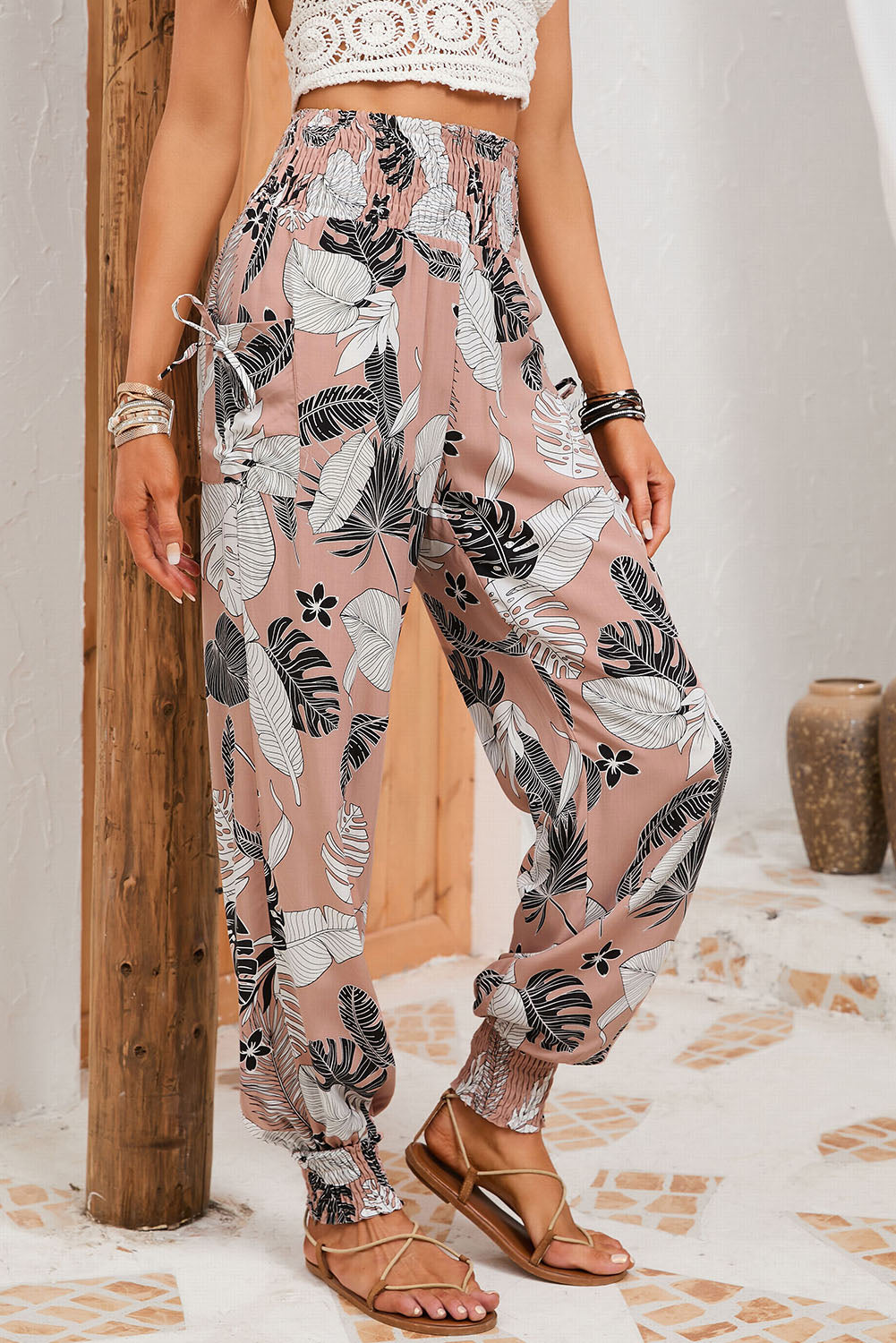 Multicolor Boho Smocked Waist Floral Print Jogger Casual Pants