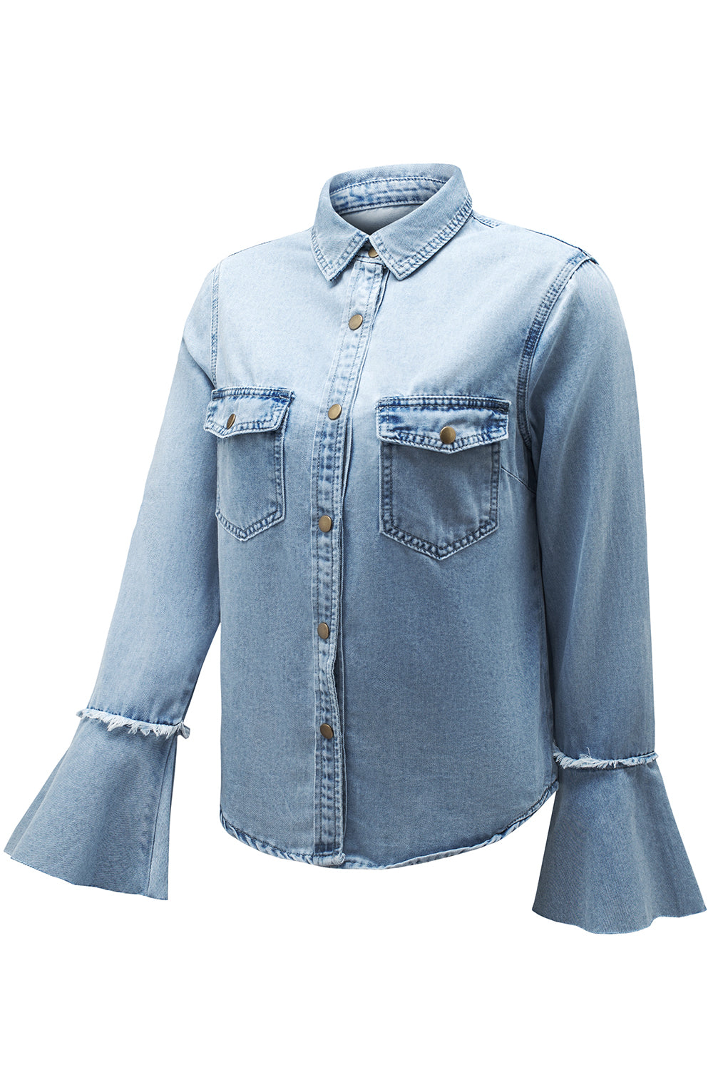 Sky Blue Chest Pockets Bell Sleeve Buttoned Denim Jacket