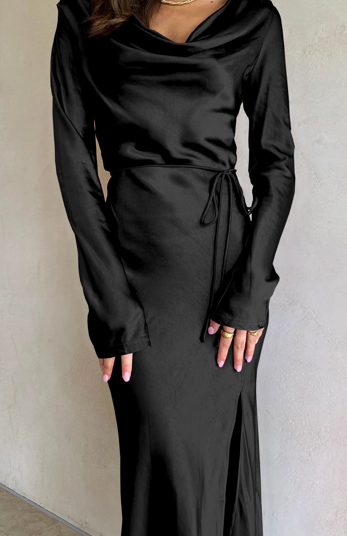 Black Drape Neck Tie Waist Long Sleeve Slit Dress