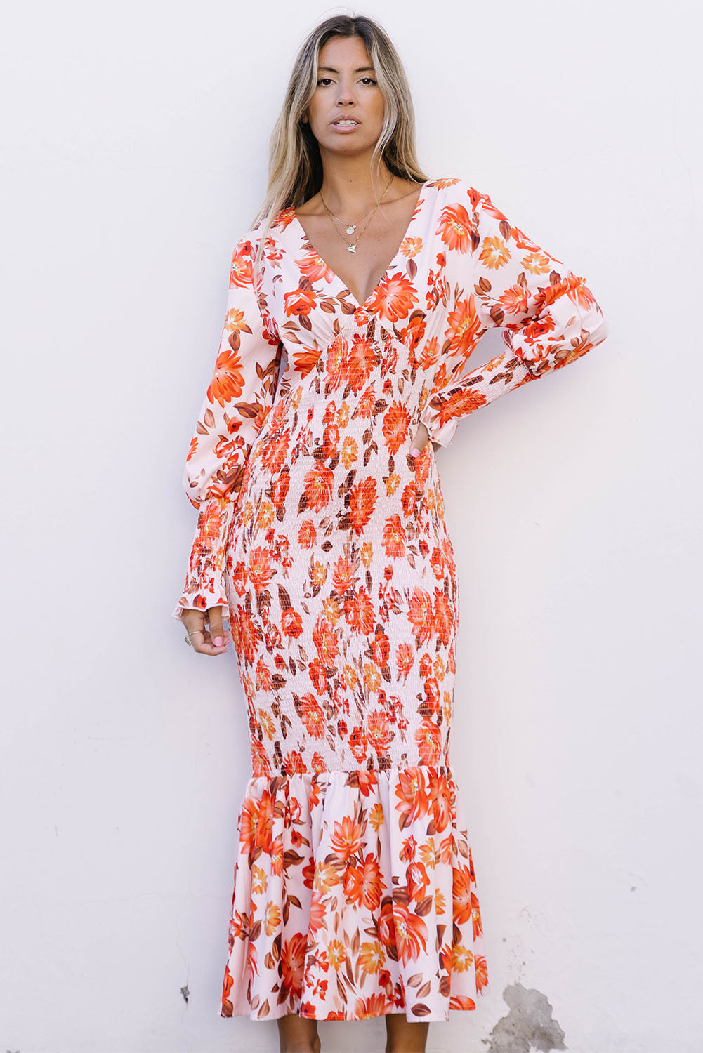 Orange Floral Print Shirred Fit and Flare Deep V Neck Midi Dress