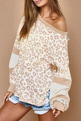 Bright White Leopard Print Round Neck Puff Sleeve Top