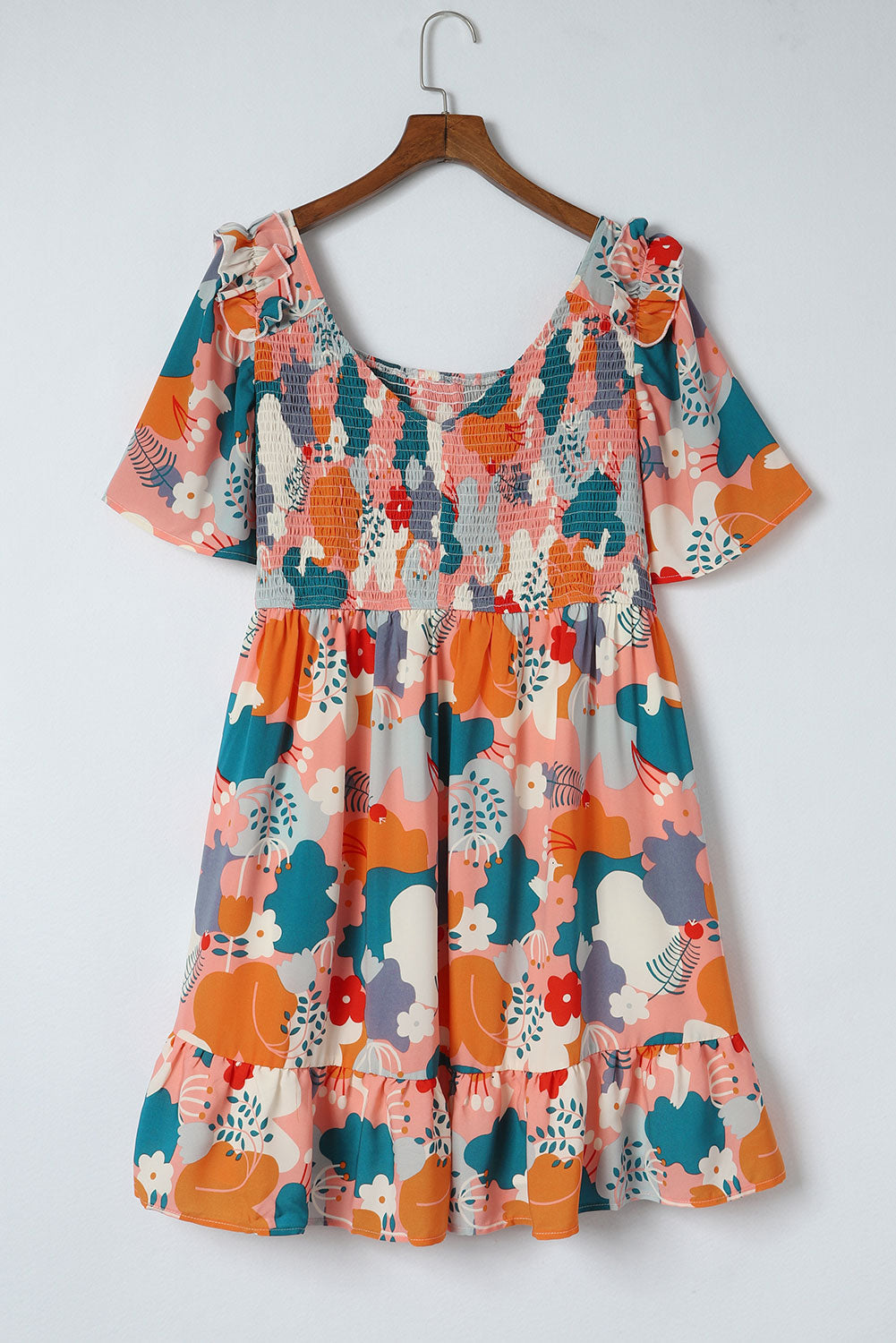 Multicolor Plus Size Shirred Mixed Print Ruffle Dress