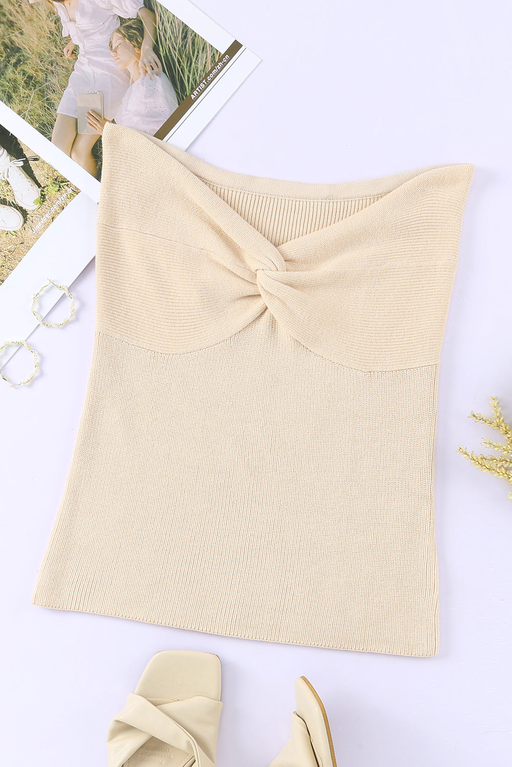 Beige Twist Bandeau Ribbed Knit Vest