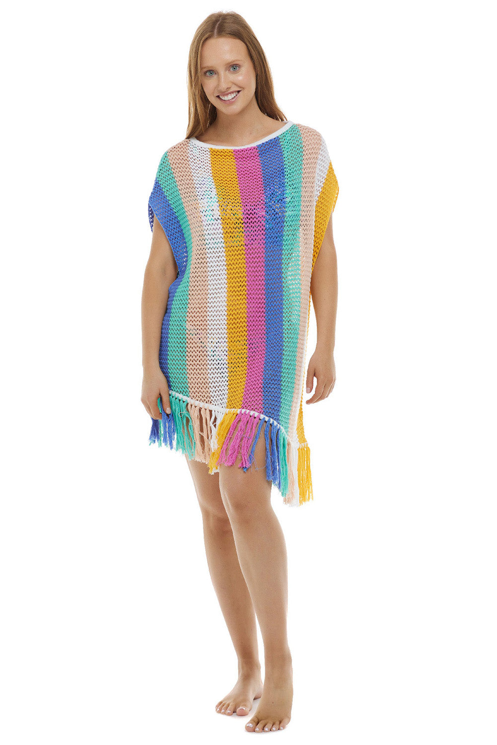 Multicolor Stripe Tasseled Crochet Beach Cover Up