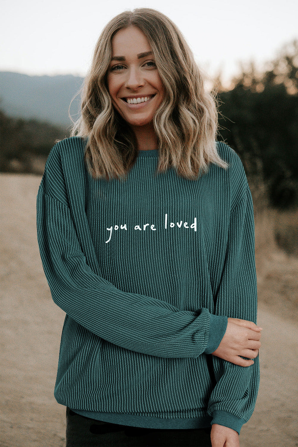 Khaki You Are Loved Print Corduroy Sweatshirt