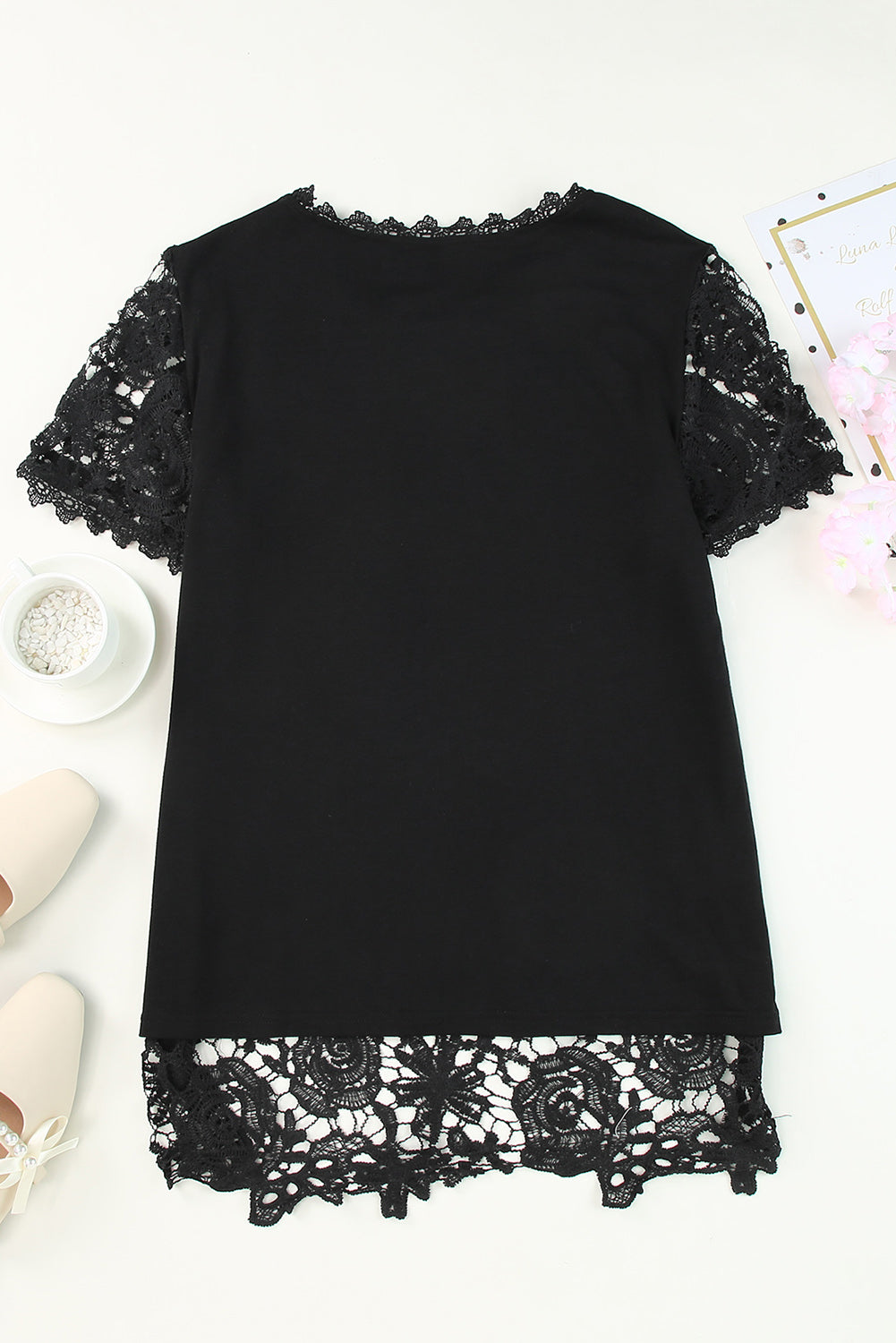 Black Lace Overlay Short Sleeve Top