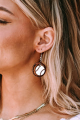 White Baseball Pattern Wood Round Drop Earrings