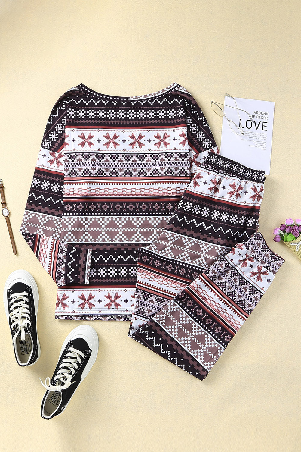 Black Christmas Snowflake Print Long Sleeve and Joggers Lounge Set