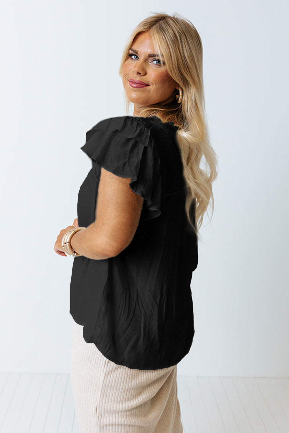 Rose Crochet Split V Neck Ruffle Sleeve Plus Size Blouse