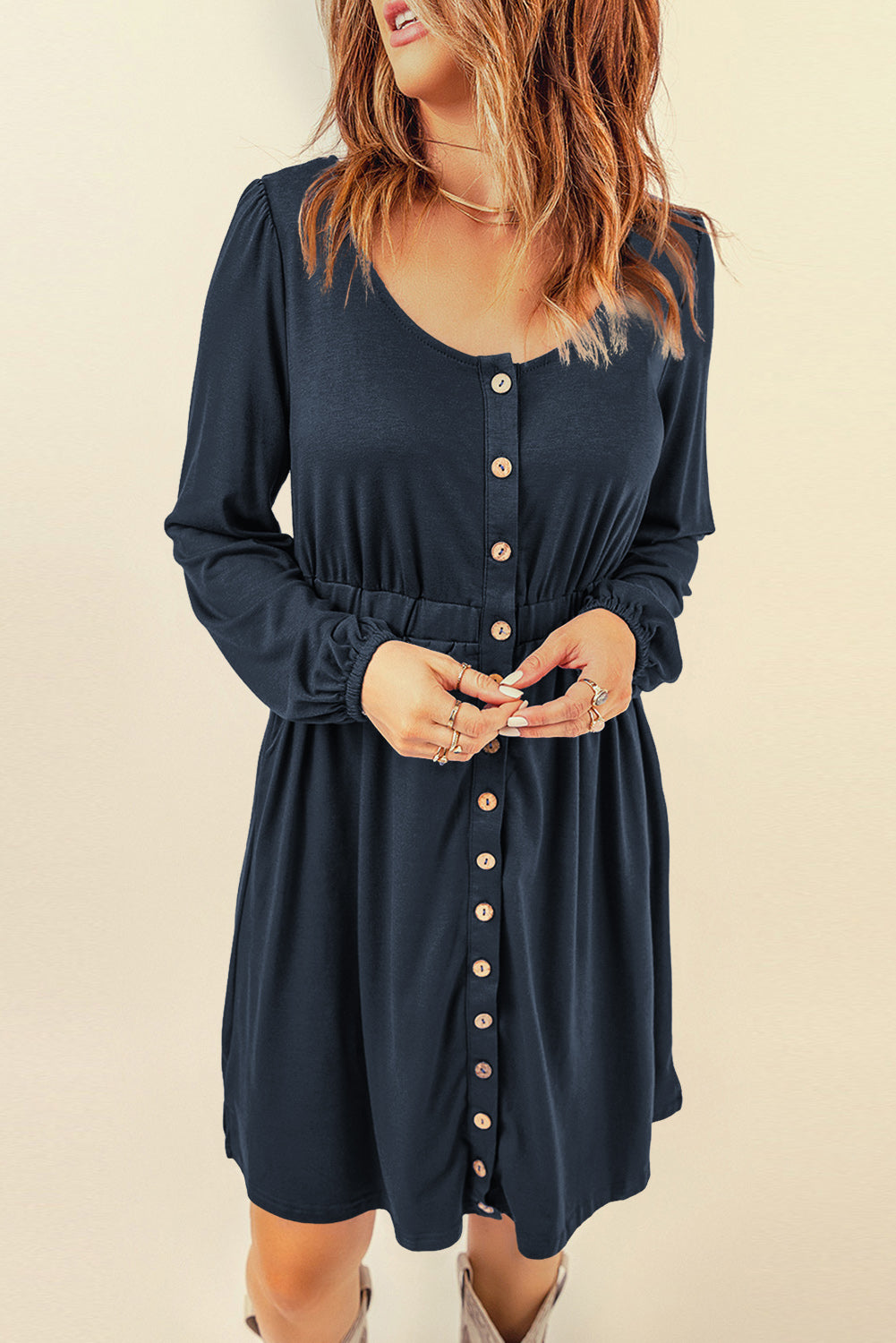 Red Button Up High Waist Long Sleeve Dress