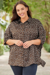 Leopard Buttoned Batwing Sleeve Plus Size Shirt
