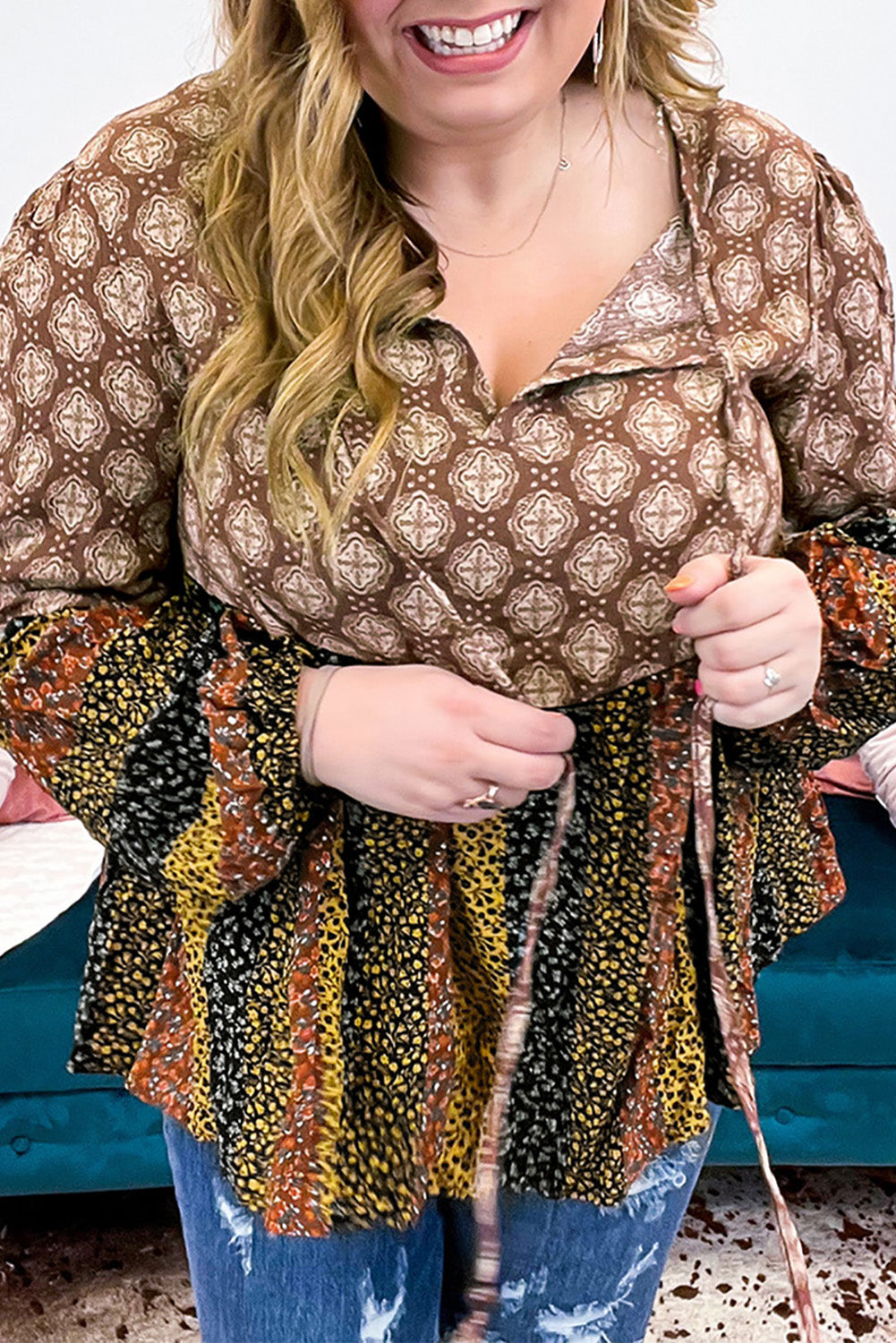 Brown Mix Floral Striped Ethnic Splicing Plus Size Blouse