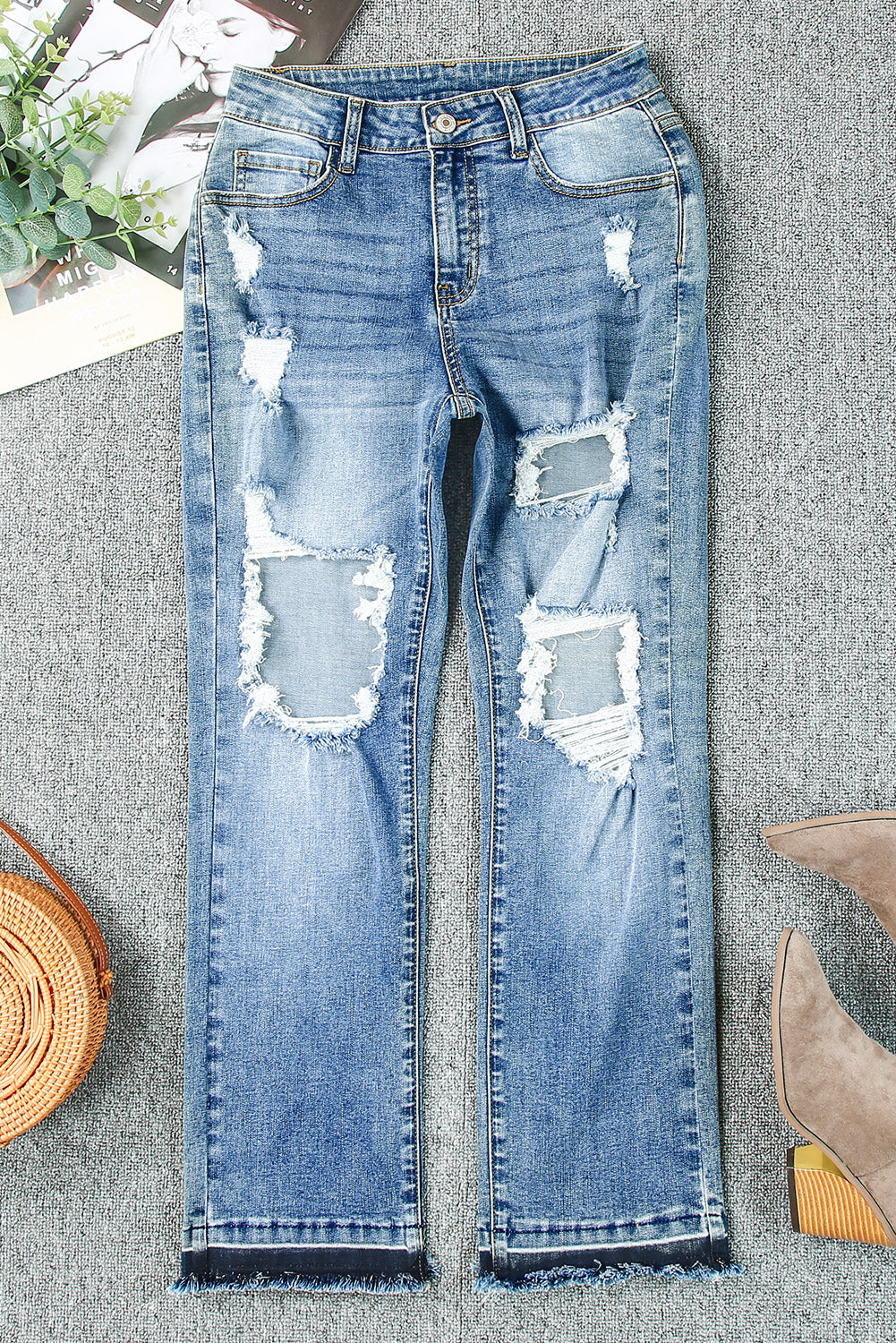 Sky Blue Distressed Holes Hollow-out Boyfriend Jeans