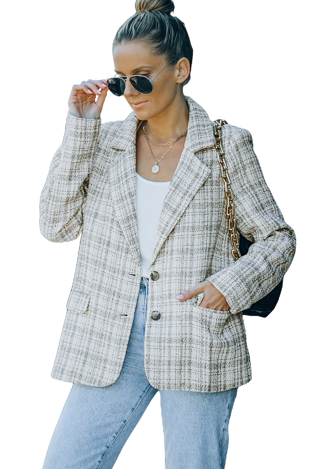 White Pockets Lapel Collar Plaid Blazer