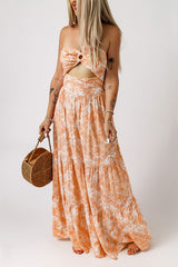 Orange O-ring Cut out Floral Print Strapless Maxi Dress