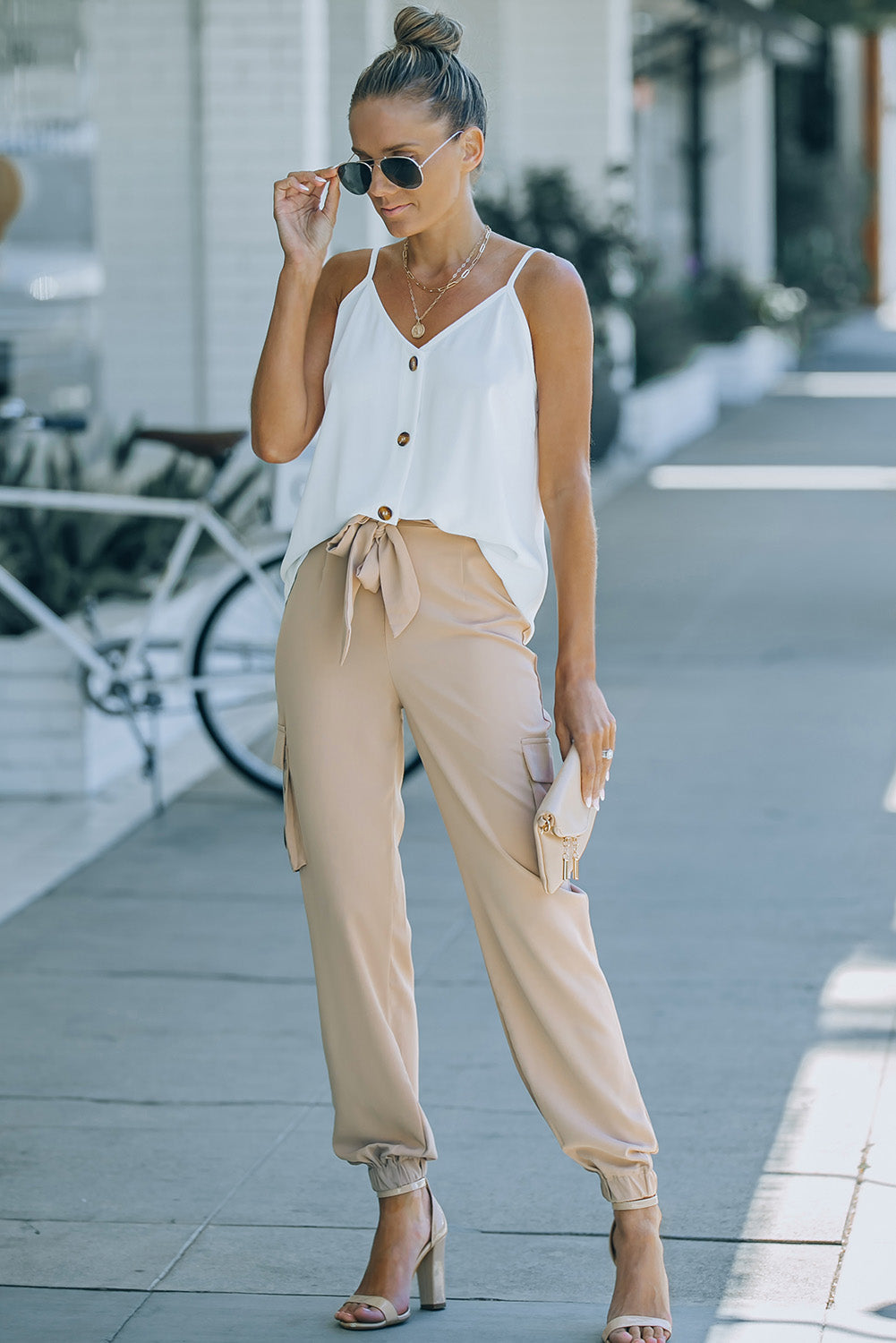 Khaki Side Pockets Slim Fit Knotted High Waist Pants